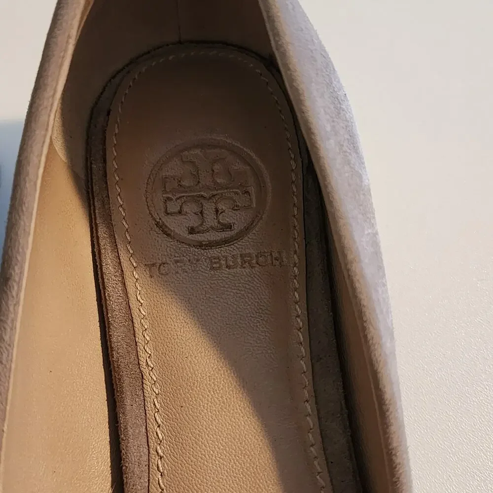 Tory Burch Gigi Gray Suede Heels with Silver Logo Design Size 7.5